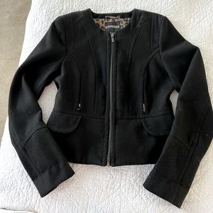 Black, wool like blazer/pea coat with patterned lining.